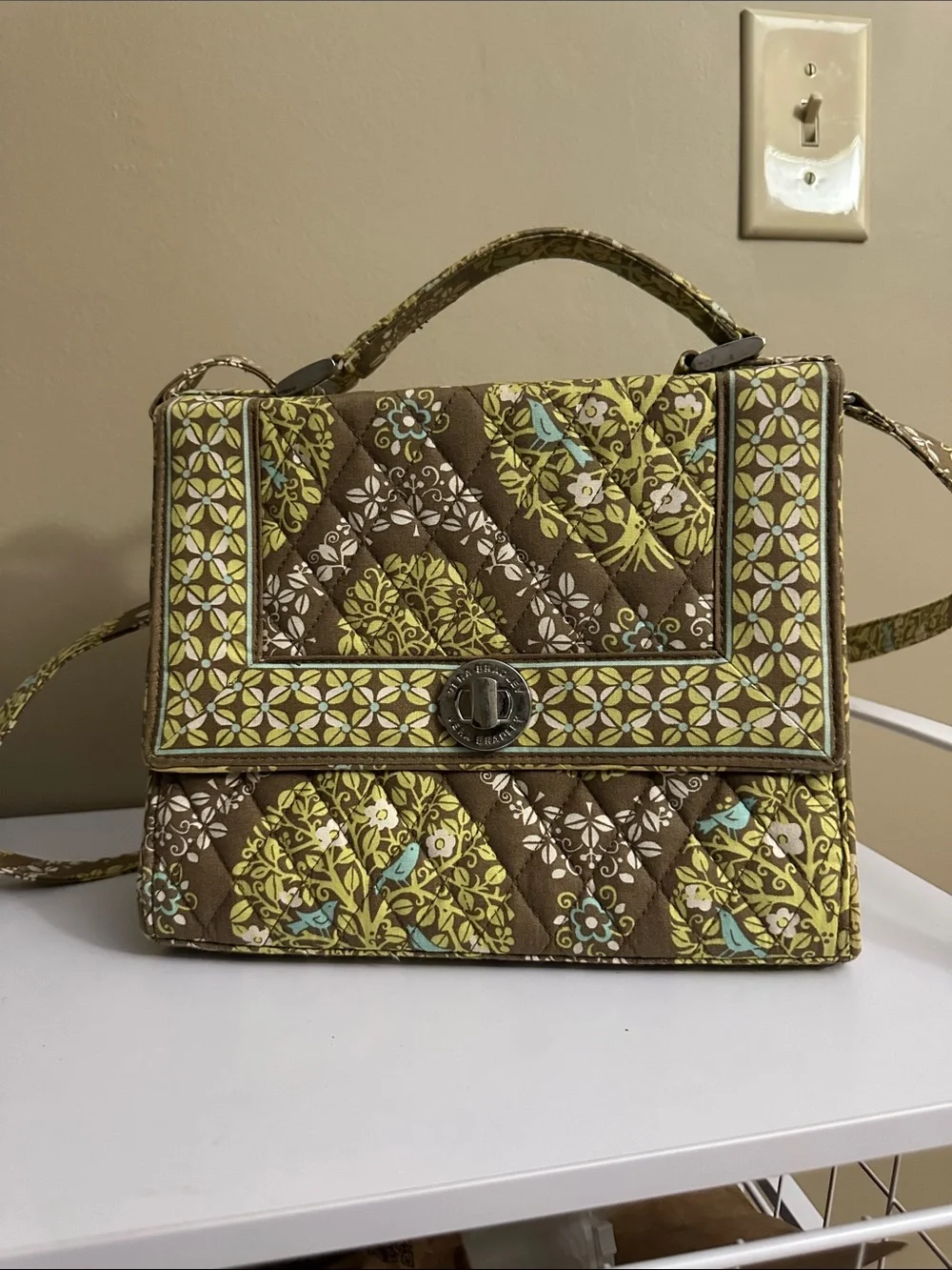 Vera Bradley Brown, Lime & Light Blue Quilted Top-Handle Crossbody